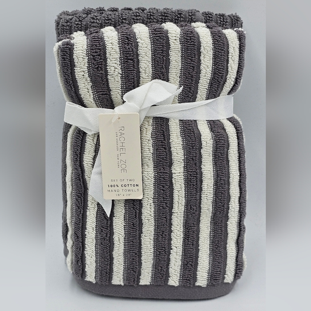 Rachel Zoe 2 Piece 100% Cotton Hand Towel Set Gray White Striped OEKO TEX
